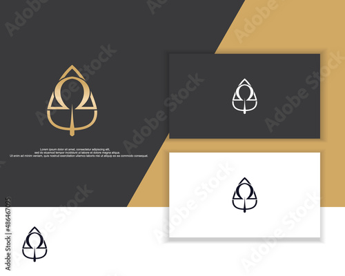 Vector leaf combine with omega symbol, golden shape and monochromatic one. Abstract emblem, design concept, logo,