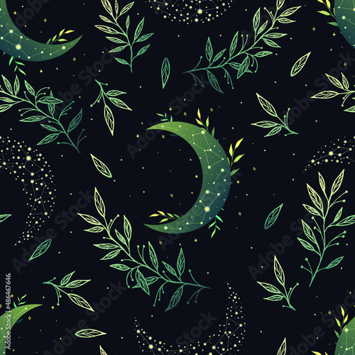 Dark celestial seamless pattern. Boho magic background with  space elements stars, crescent, constellations and herbs. Vector doodle texture.