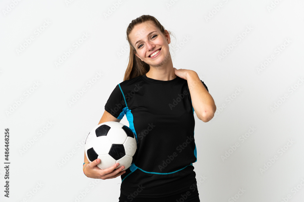 Young football player woman isolated on white background laughing Young football player woman isolated on white background laughing