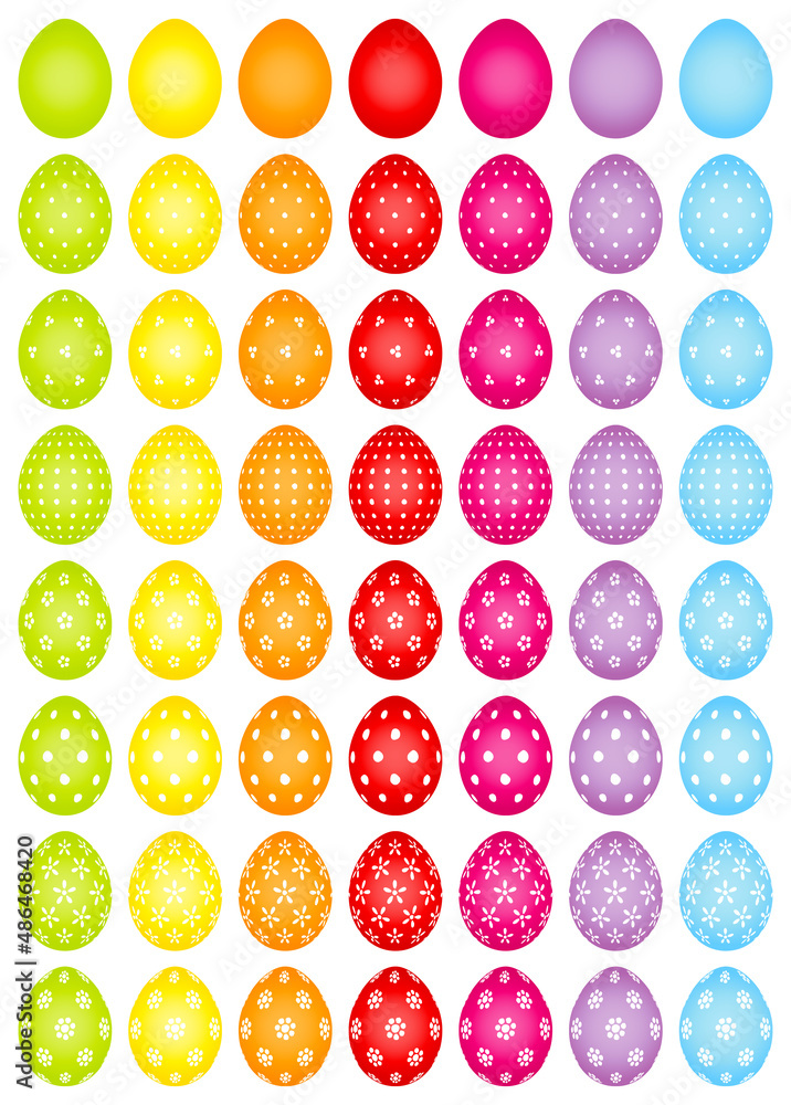 Set 56 Bunte Ostereier Mit Weißen Mustern Blumen Und Punkte Regenbogenfarben Set 56 Bunte Ostereier Mit Weißen Mustern Blumen Und Punkte Regenbogenfarben
