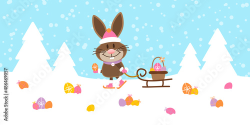 Osterhase Schlitten Wiese Ostereier Schnee Blau