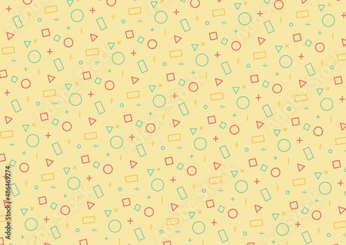 Seamless cube, circles, triangle pattern on yellow background