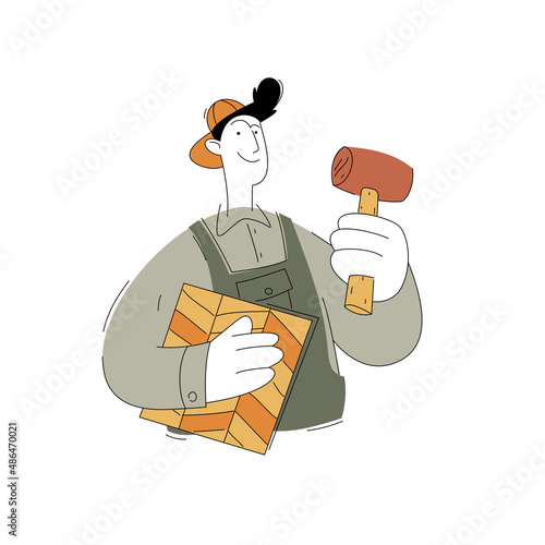 A construction worker character. Carpenter with parquet. Vector illustration of a flat style isolated on a white background.