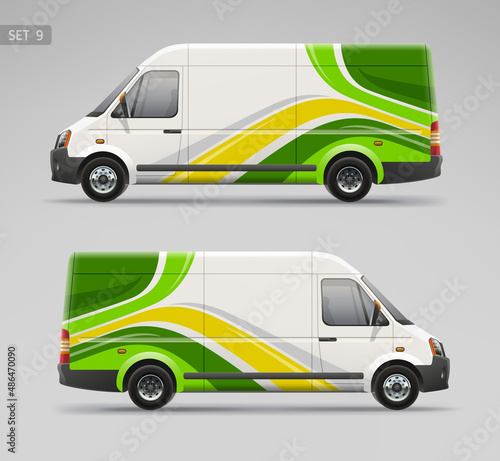 Van mockup and wrap decal for company branding design and corporate identity. Abstract graphic of green stripes Wrap, sticker and decal design for advertising on services van and race car