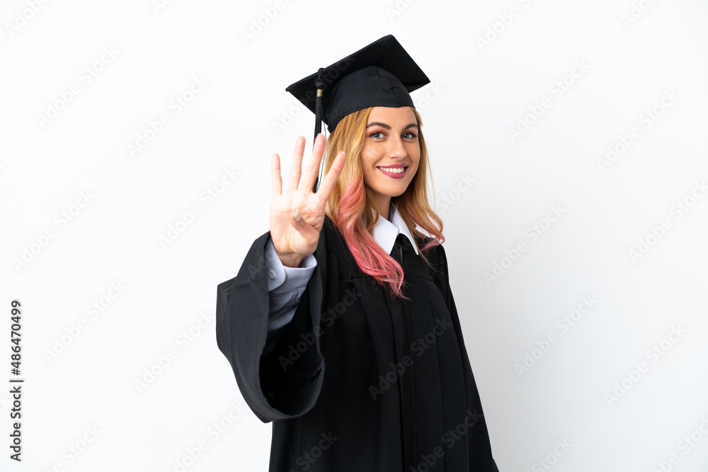 Young university graduate over isolated white background happy and counting four with fingers Young university graduate over isolated white background happy and counting four with fingers
