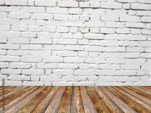 white brick wall and wood floor. © the_pixel