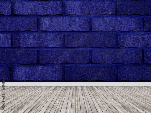 Brick wall interior nave blue background with a wooden floor