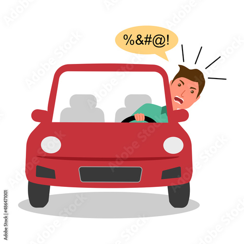 Angry car driver shouting in flat design on white background. Road rage concept vector illustration. 