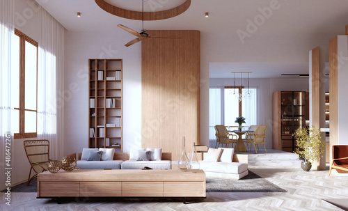 3d rendering 3d illustration  Interior Scene and  Mockup Modern-style living room decorated with wood and built-in wooden bookshelves  drop ceiling  round wall with wooden fan.