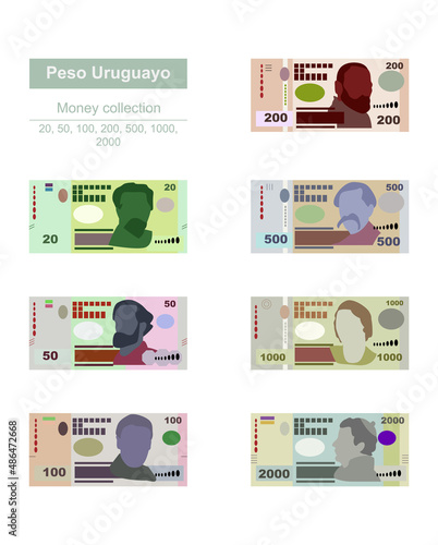 Peso Uruguayo Vector Illustration. Uruguay money set bundle banknotes. Paper money 20, 50, 100, 200, 500, 1000, 2000 UYU. Flat style. Isolated on white background. Simple minimal design.