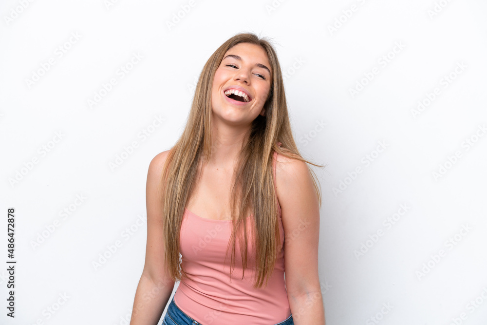 Fototapeta premium Young caucasian woman isolated on white bakcground laughing