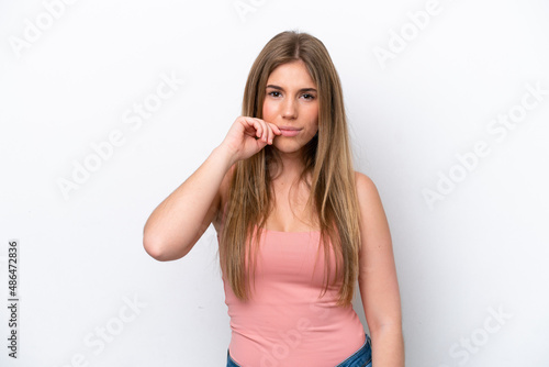 Wallpaper Mural Young caucasian woman isolated on white bakcground showing a sign of silence gesture Torontodigital.ca