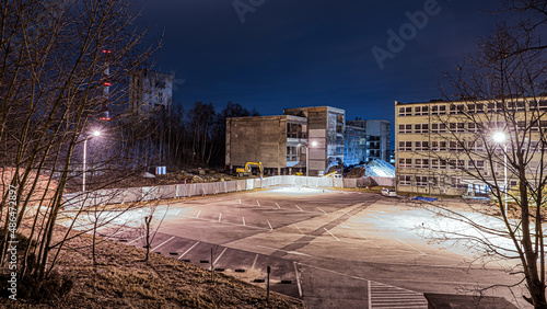 Wyburzanie budynków zlikwidowanej kopalni węgla w Jastrzębiu Zdroju nocą photo