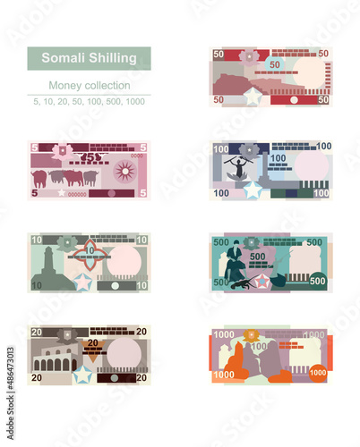 Somali Shilling Vector Illustration. Somalia money set bundle banknotes. Paper money 5, 10, 20, 50, 100, 500, 1000 SOS. Flat style. Isolated on white background. Simple minimal design.