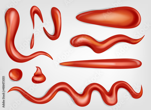 Ketchup stains. Tomato sauce red spots and smears, drops for paste and catsup blobs. Realistic drops, splatters and blobs of sour vegetable paste and catsup