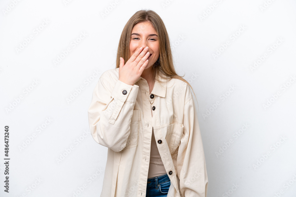 Young caucasian woman isolated on white bakcground happy and smiling covering mouth with hand Young caucasian woman isolated on white bakcground happy and smiling covering mouth with hand