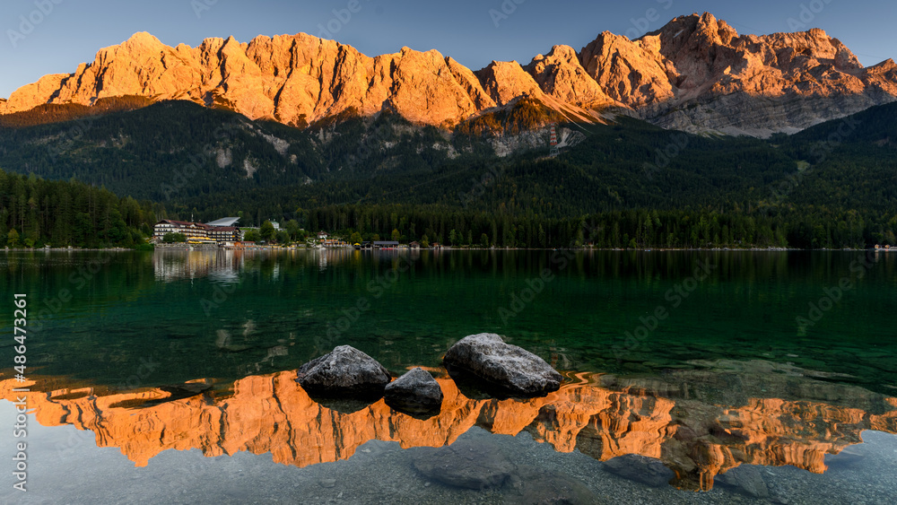 Alpine Sunset over Zugspitze. - obrazy, fototapety, plakaty 
