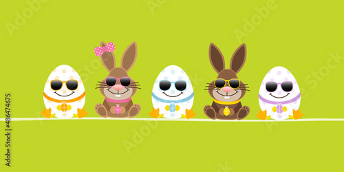 Sitzende Osterhasen Junge & Mädchen Mit 3 Ostereiern Sonnenbrille Banner Grün