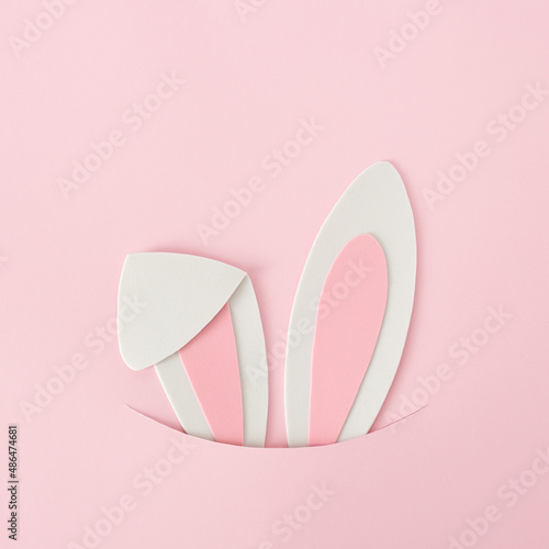 Bunny rabbit ears on pastel pink background, flat lay. Creative Easter holiday concept. Minimal style.