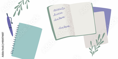 Time planning concept. Top view of notepad with word planner on desktop, pencil, coffee, sticker.