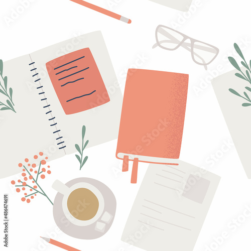 Seamless pattern with colorful notepad, diaries, planner, time management concept. Time planning. Background with paper books or notepads for writing notes.