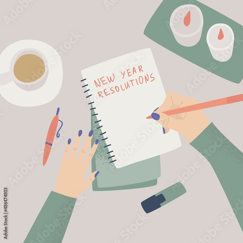 Time management, multitasking, effective month planning, to do list. Woman's hands writing plan in notebook at cozy home. Job schedule optimization.