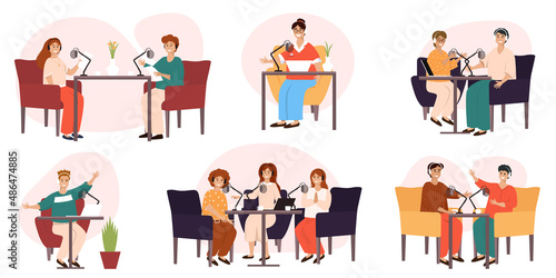 Wallpaper Mural Live streaming, broadcast flat vector illustration. Male and female social media network bloggers collaboration. Online broadcast or recording of interviews. People collection of scenes Torontodigital.ca