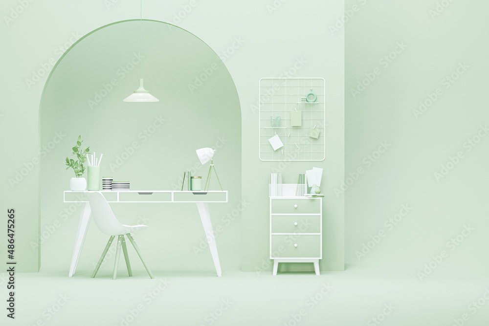 Fototapeta premium Minimal idea concept for study desk and workspace. Creative composition. Interior of the room in pastel green and white color with furnitures and room accessories. Healthy lifestyle. 3D render. 