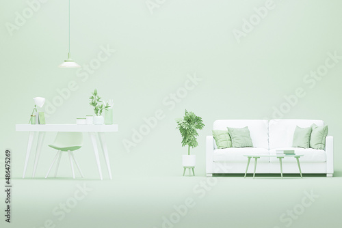 Minimal idea concept for study desk and workspace. Creative composition. Interior of the room in pastel green and white color with furnitures and room accessories. Healthy lifestyle. 3D render. 