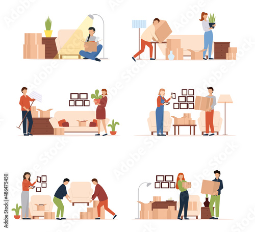 People moving into new house, family unpacking boxes. Cardboard Box with Various Things from House for Moving, Delivery Package Relocation.