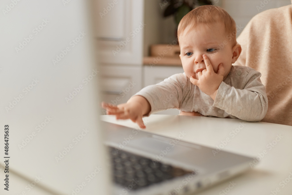Closeup portrait of baby sitting on faceless mother knees and outstretching her hand to laptop computer, children and modern technology. Closeup portrait of baby sitting on faceless mother knees and outstretching her hand to laptop computer, children and modern technology.