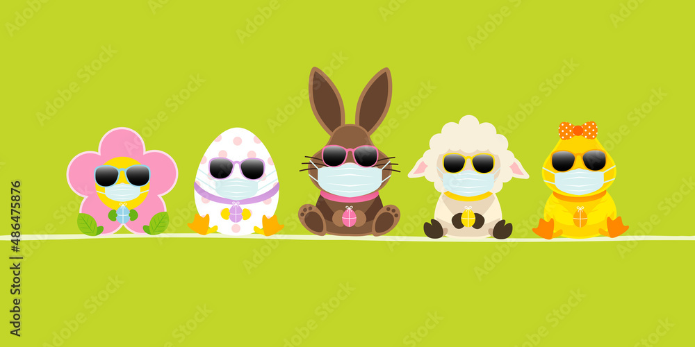 Fototapeta premium Banner Osterhase & Freunde Mit Ente Maske Sonnenbrille Grün