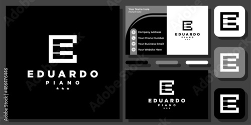 Initial Letter E Piano Musical Music Melody Instrument Musician Vector Logo Design with Business Card