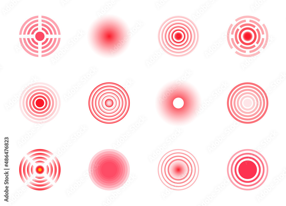 Red pain circles. Pain localization sign and pain pointings. Circles for marking human pain. Set of radar icons. Headache, toothache, marker of an injured body part, muscle pain in joints. Vector Red pain circles. Pain localization sign and pain pointings. Circles for marking human pain. Set of radar icons. Headache, toothache, marker of an injured body part, muscle pain in joints. Vector
