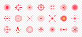 Red pain circles. Pain localization sign and pain pointings. Circles for marking human pain. Set of radar icons. Headache, toothache, marker of an injured body part, muscle pain in joints. Vector