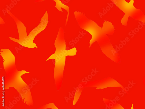 Seamless pattern with seagulls in red and yellow colors.