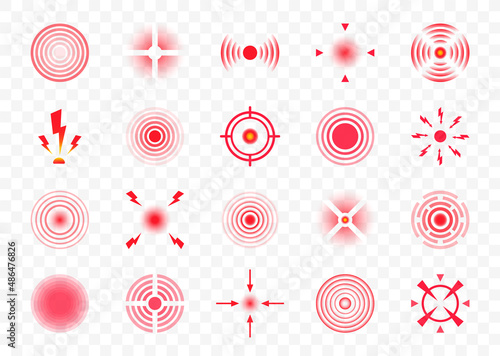 Red pain circles. Pain localization sign and pain pointings. Circles for marking human pain. Set of radar icons. Headache, toothache, marker of an injured body part, muscle pain in joints. Vector