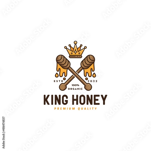 two wooden dipper with honey drop and crown logo design, king honey logo, organic, premium quality, modern, vector template in white background