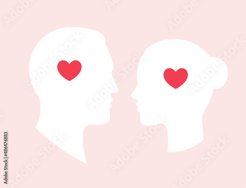 Boy and girl head silhouette with heart brain  love symbol for greeting card  wedding  valentines day holiday. Vector illustration