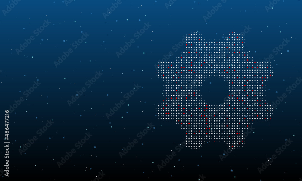 On the right is the gear symbol filled with white dots. Background pattern from dots and circles of different shades. Vector illustration on blue background with stars On the right is the gear symbol filled with white dots. Background pattern from dots and circles of different shades. Vector illustration on blue background with stars