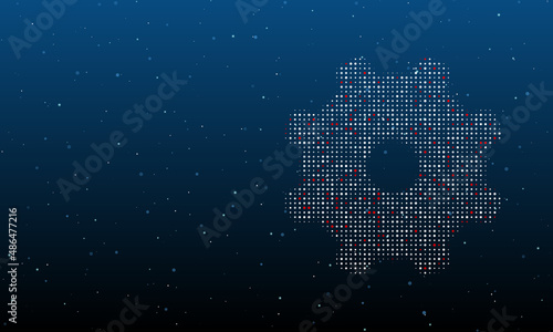 On the right is the gear symbol filled with white dots. Background pattern from dots and circles of different shades. Vector illustration on blue background with stars