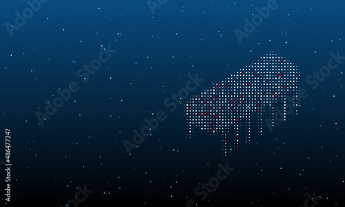 On the right is the integrated circuit symbol filled with white dots. Background pattern from dots and circles of different shades. Vector illustration on blue background with stars