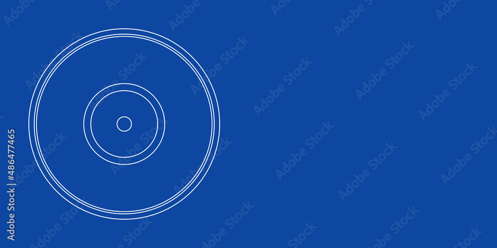 A large white outline gramophone record symbol on the left. Designed as thin white lines. Vector illustration on blue background A large white outline gramophone record symbol on the left. Designed as thin white lines. Vector illustration on blue background