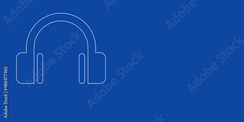 A large white outline headphones symbol on the left. Designed as thin white lines. Vector illustration on blue background