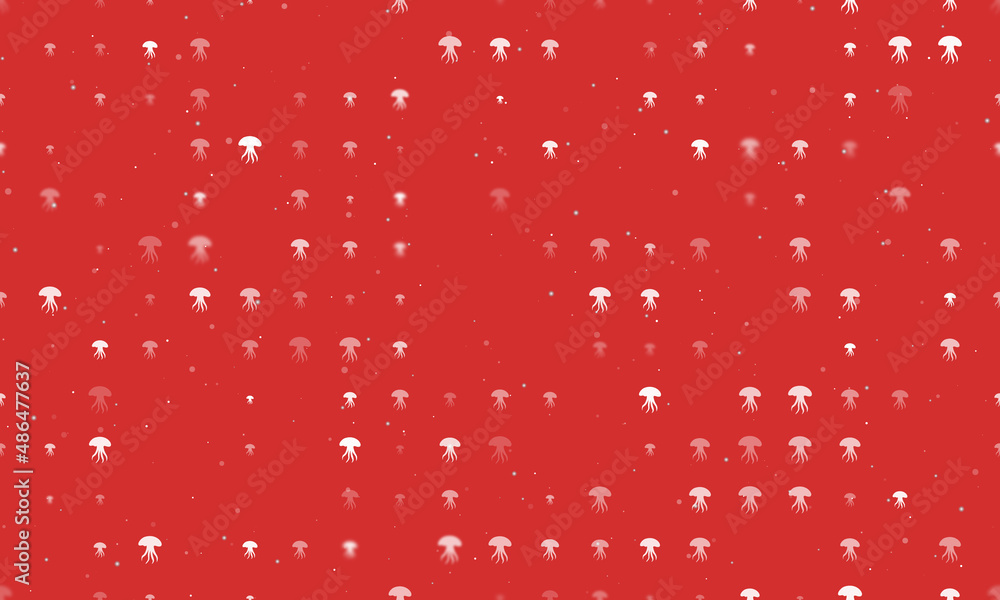 Seamless background pattern of evenly spaced white jellyfish symbols of different sizes and opacity. Vector illustration on red background with stars Seamless background pattern of evenly spaced white jellyfish symbols of different sizes and opacity. Vector illustration on red background with stars