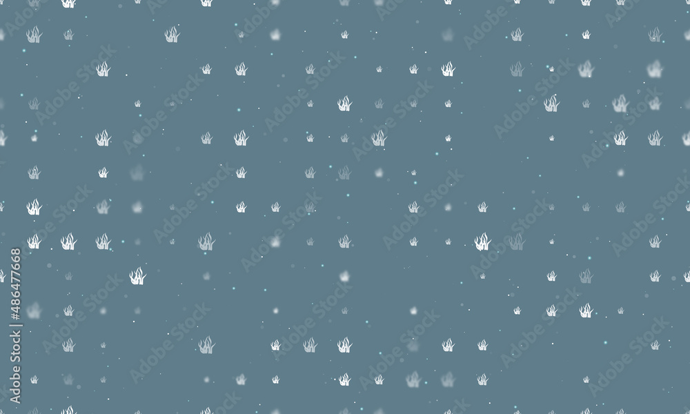 Seamless background pattern of evenly spaced white seaweed symbols of different sizes and opacity. Vector illustration on blue gray background with stars