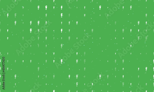 Seamless background pattern of evenly spaced white sea horse symbols of different sizes and opacity. Vector illustration on green background with stars