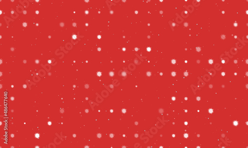 Seamless background pattern of evenly spaced white sea urchin symbols of different sizes and opacity. Vector illustration on red background with stars