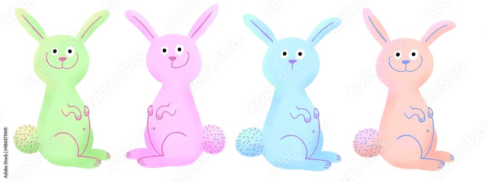 Group of 4 different cute cartoon multicolour Easter bunnies. Green, pink, blue and purple. Hand drawn illustration isolated on a white background. Group of 4 different cute cartoon multicolour Easter bunnies. Green, pink, blue and purple. Hand drawn illustration isolated on a white background.
