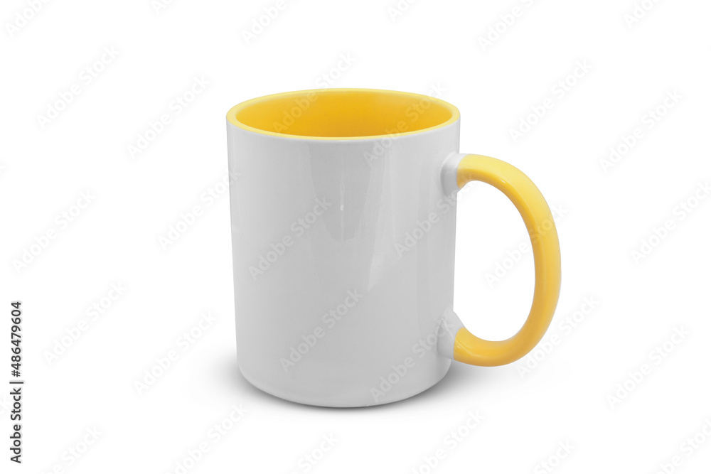 white mug with a yellow handle isolated on white background